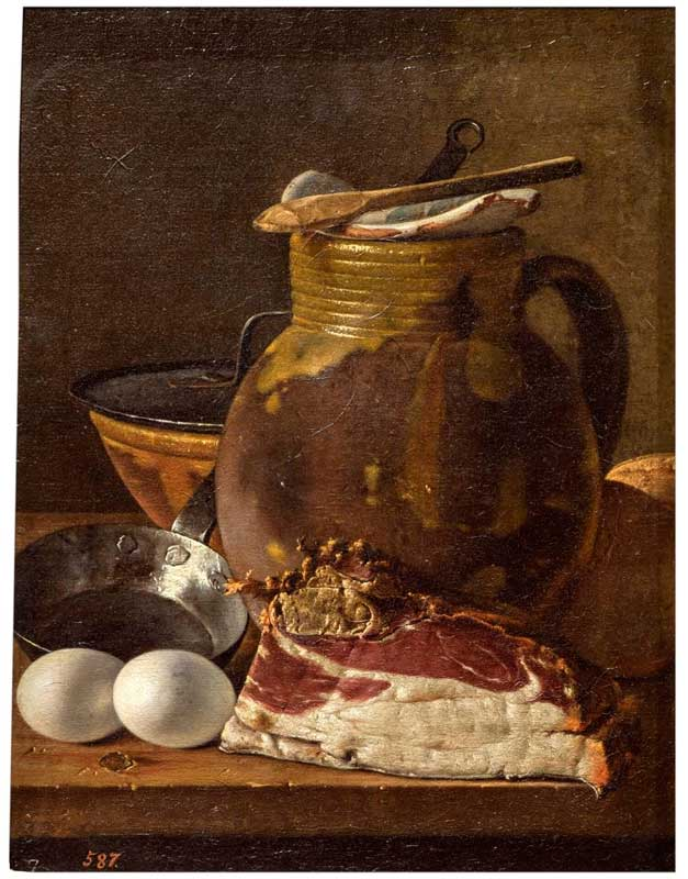 Pintura titulada el "bodegón con jamón, huevos y recipientes"